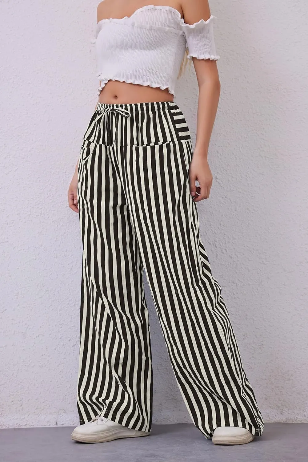 MINTLIMIT Women Striped Linen Pants Drawstring Casual Wide Leg Elastic Waist Trousers Loose Summer Lounge Pants with Pockets
