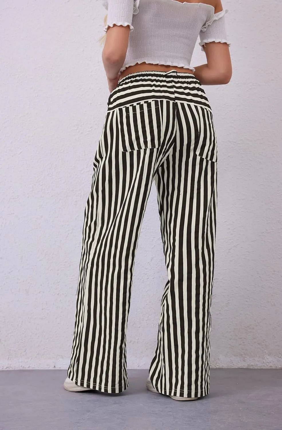 MINTLIMIT Women Striped Linen Pants Drawstring Casual Wide Leg Elastic Waist Trousers Loose Summer Lounge Pants with Pockets