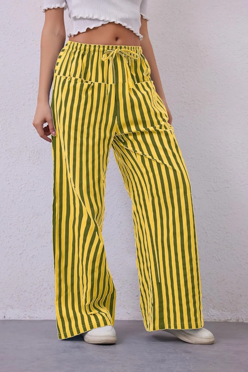 MINTLIMIT Women Striped Linen Pants Drawstring Casual Wide Leg Elastic Waist Trousers Loose Summer Lounge Pants with Pockets