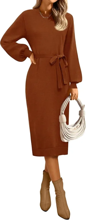 MIROL Women's 2025 Fall Sweater Dress Crew Neck Long Puff Sleeve Tie Waist Knit Midi Dress with Belt