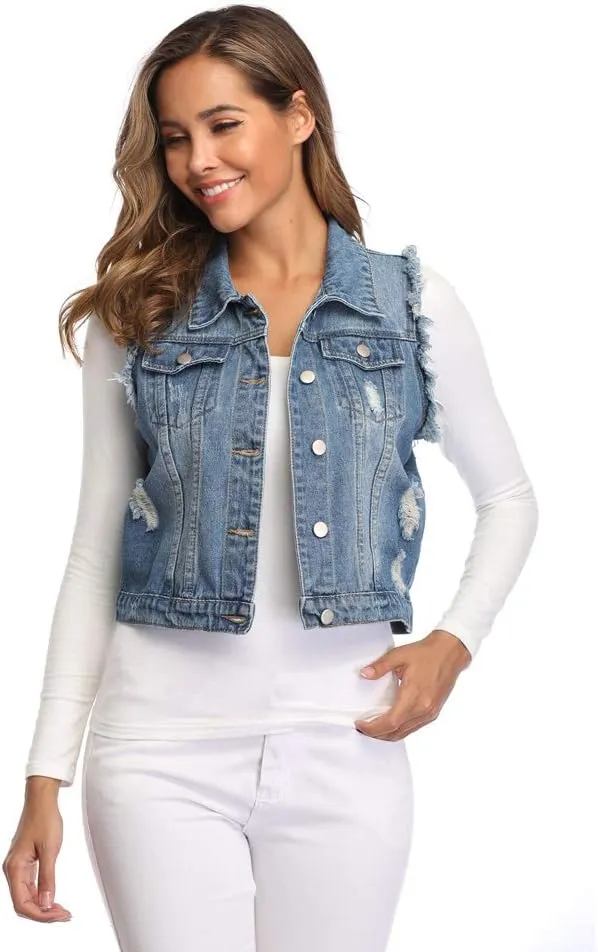 MISS MOLY Women Denim Vest Sleeveless Jean Vest with Chest Pockets