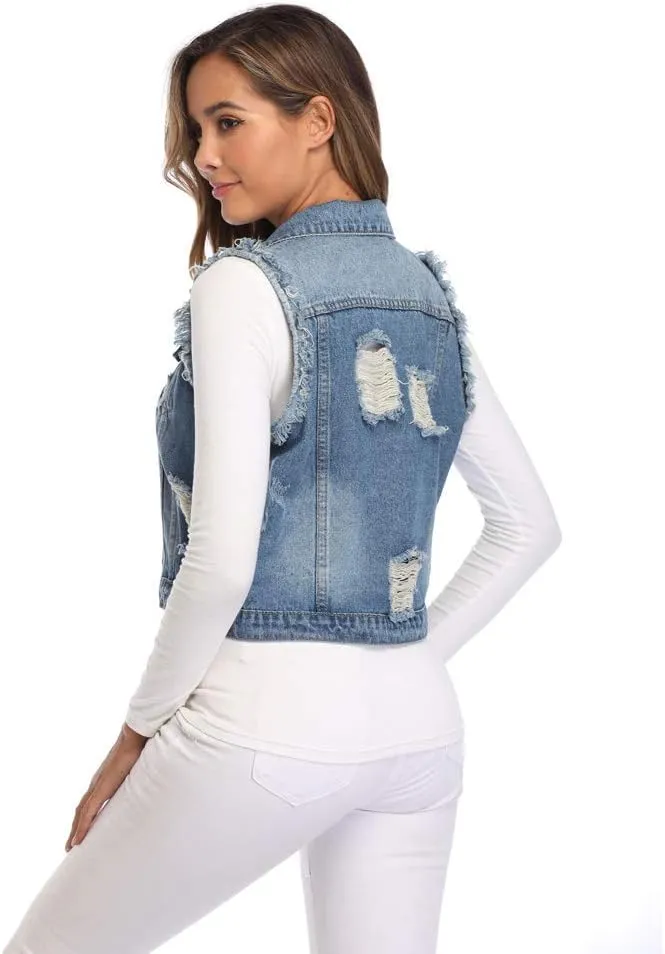 MISS MOLY Women Denim Vest Sleeveless Jean Vest with Chest Pockets