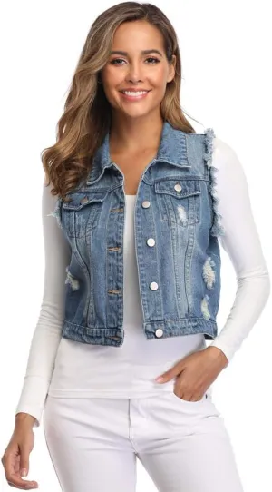 MISS MOLY Women Denim Vest Sleeveless Jean Vest with Chest Pockets