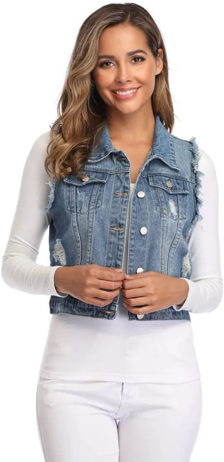 MISS MOLY Women Denim Vest Sleeveless Jean Vest with Chest Pockets