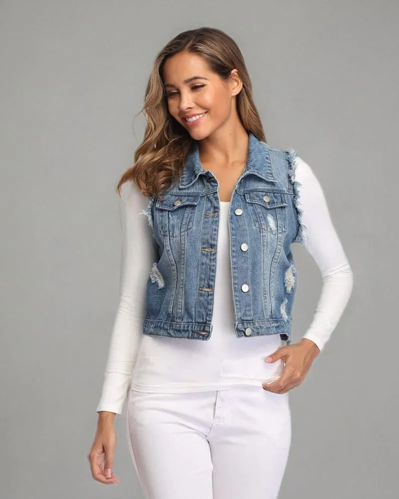 MISS MOLY Women Denim Vest Sleeveless Jean Vest with Chest Pockets