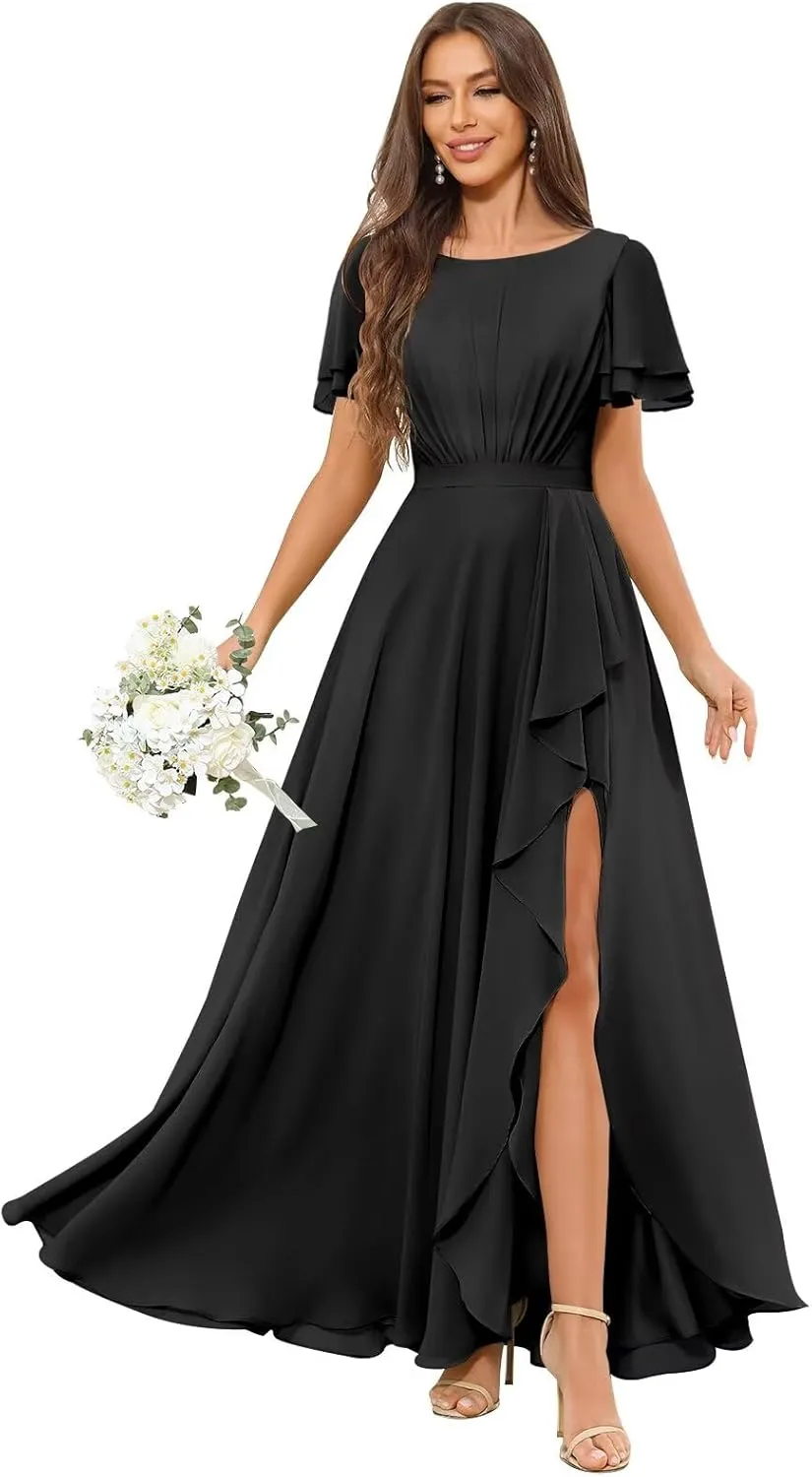 Modest Chiffon Bridesmaid Dresses for Women Ruffle Short Sleeves Long Formal Dress with Slit