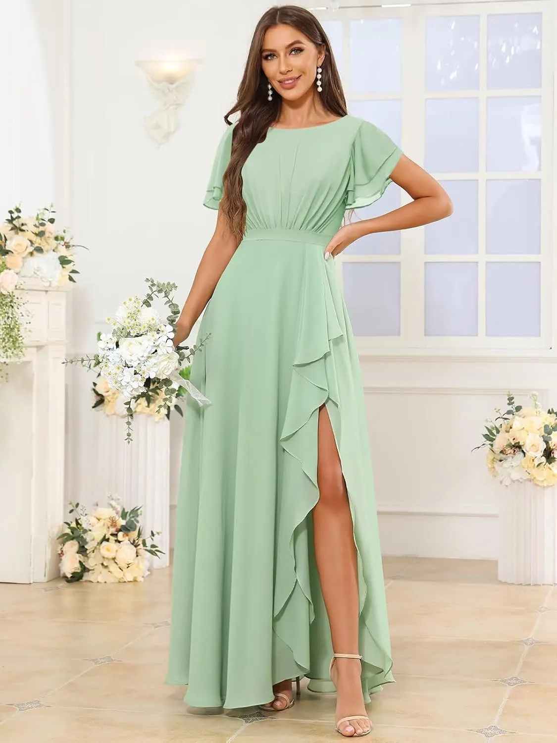 Modest Chiffon Bridesmaid Dresses for Women Ruffle Short Sleeves Long Formal Dress with Slit
