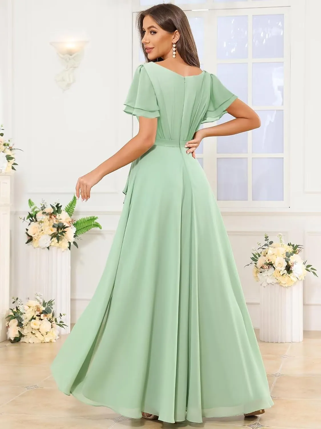 Modest Chiffon Bridesmaid Dresses for Women Ruffle Short Sleeves Long Formal Dress with Slit
