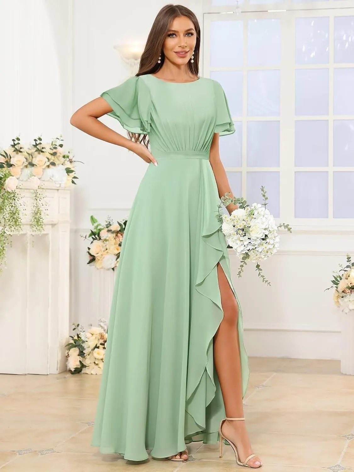 Modest Chiffon Bridesmaid Dresses for Women Ruffle Short Sleeves Long Formal Dress with Slit
