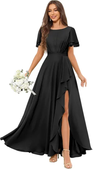 Modest Chiffon Bridesmaid Dresses for Women Ruffle Short Sleeves Long Formal Dress with Slit