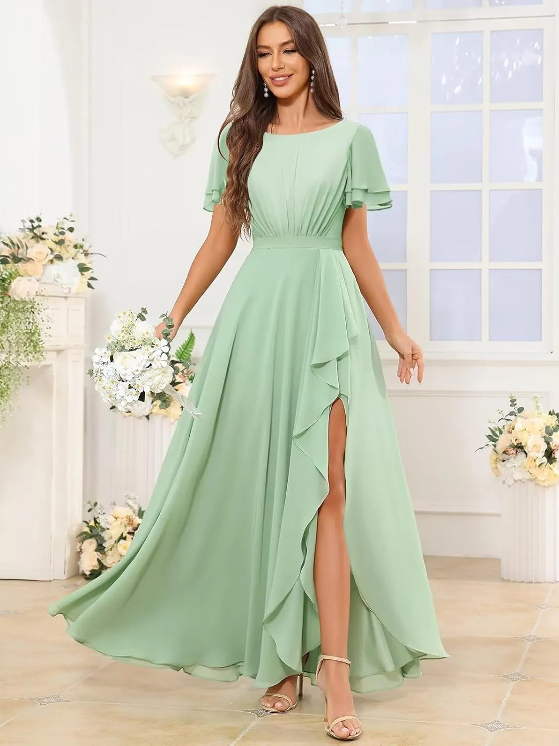 Modest Chiffon Bridesmaid Dresses for Women Ruffle Short Sleeves Long Formal Dress with Slit