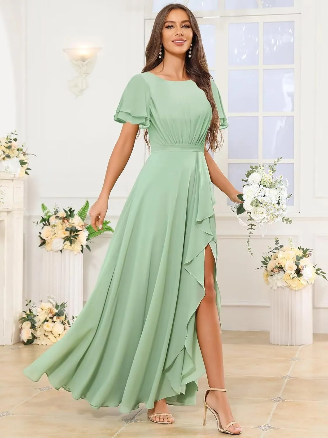 Modest Chiffon Bridesmaid Dresses for Women Ruffle Short Sleeves Long Formal Dress with Slit