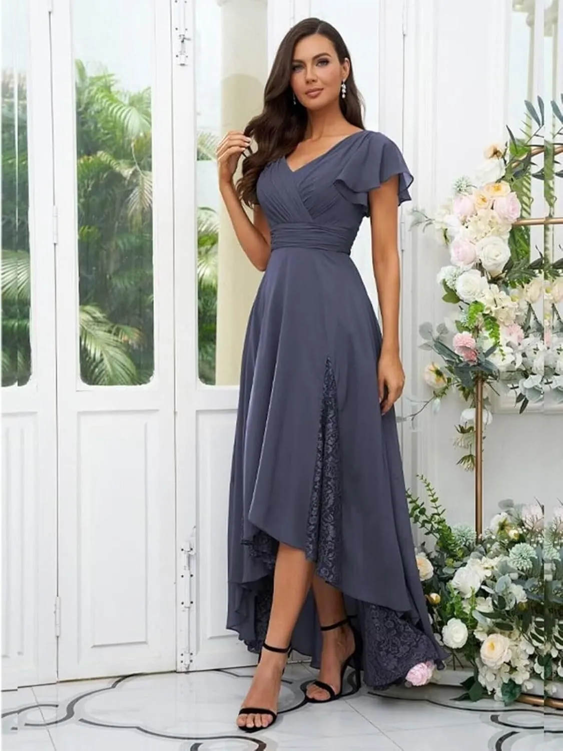 Mother of The Bride Dresses for Wedding Lace Appliques Chiffon Formal Evening Dress with Sleeve LW042