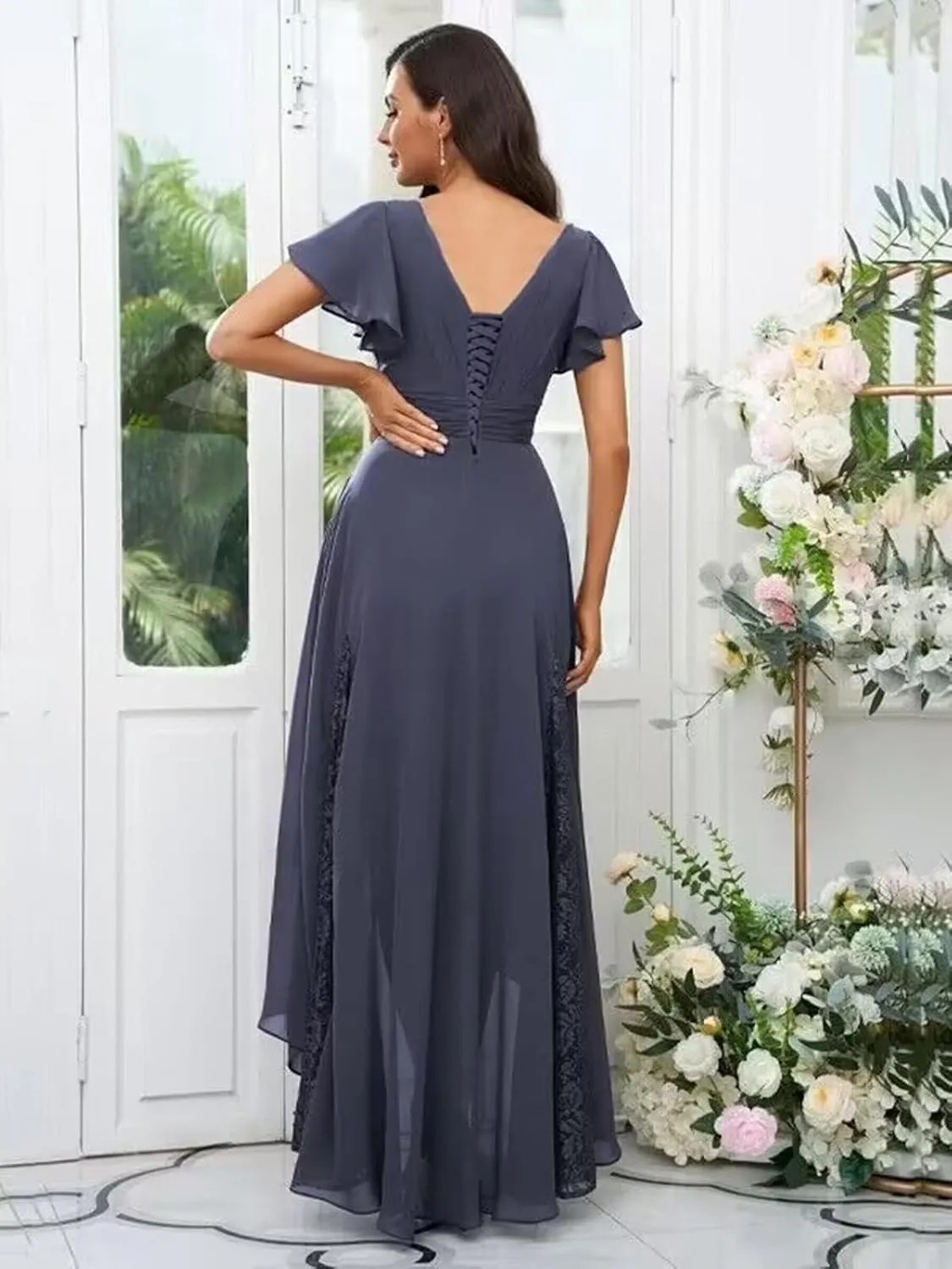 Mother of The Bride Dresses for Wedding Lace Appliques Chiffon Formal Evening Dress with Sleeve LW042
