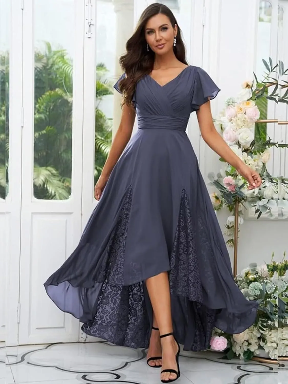 Mother of The Bride Dresses for Wedding Lace Appliques Chiffon Formal Evening Dress with Sleeve LW042