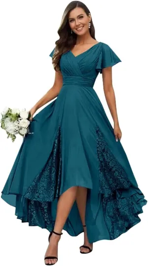 Mother of The Bride Dresses for Wedding Lace Appliques Chiffon Formal Evening Dress with Sleeve LW042