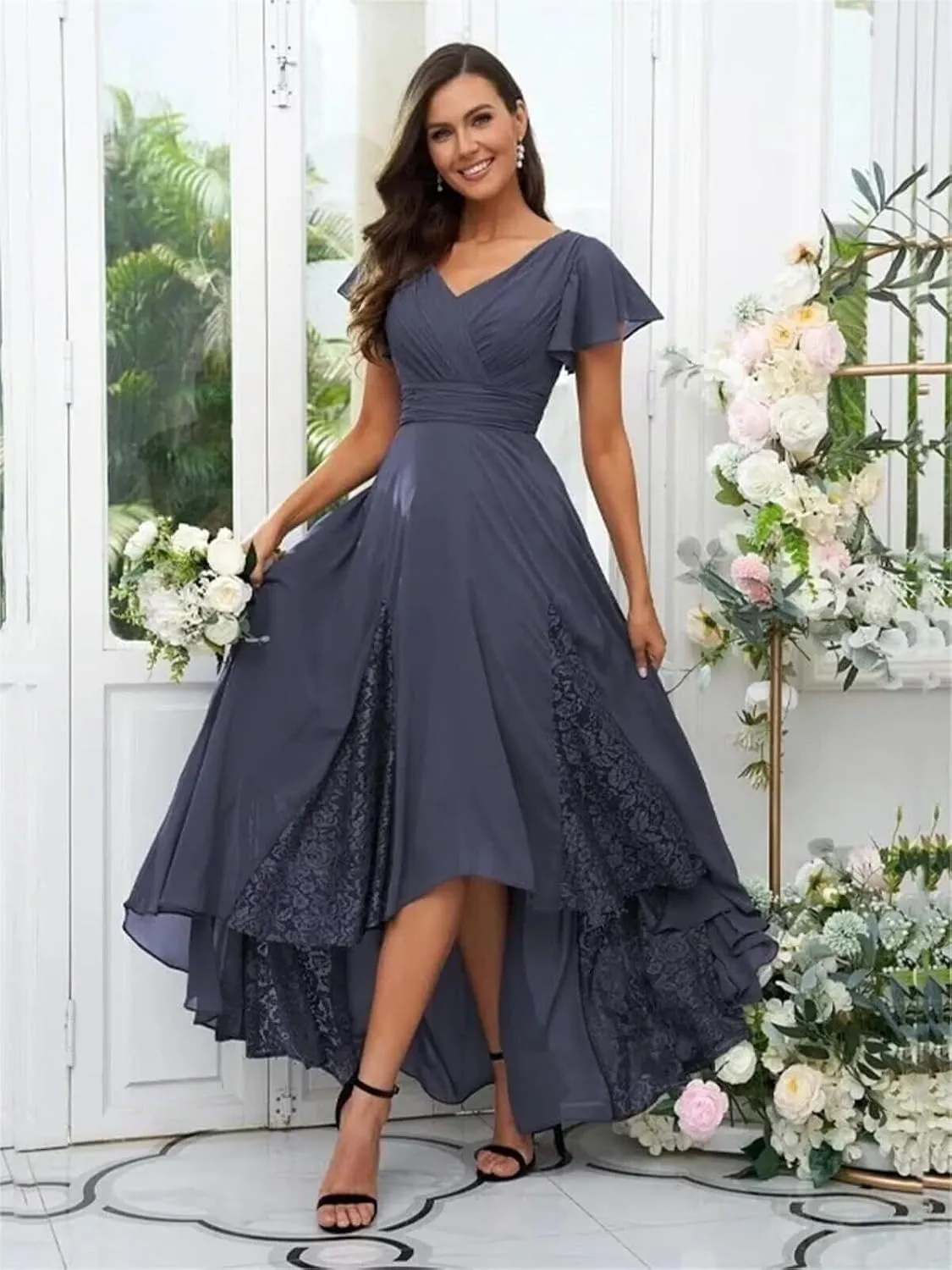 Mother of The Bride Dresses for Wedding Lace Appliques Chiffon Formal Evening Dress with Sleeve LW042