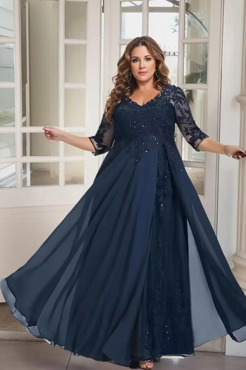 Mother of The Bride Dresses for Wedding with Sleeve Formal Dress Lace Appliques Chiffon LW041