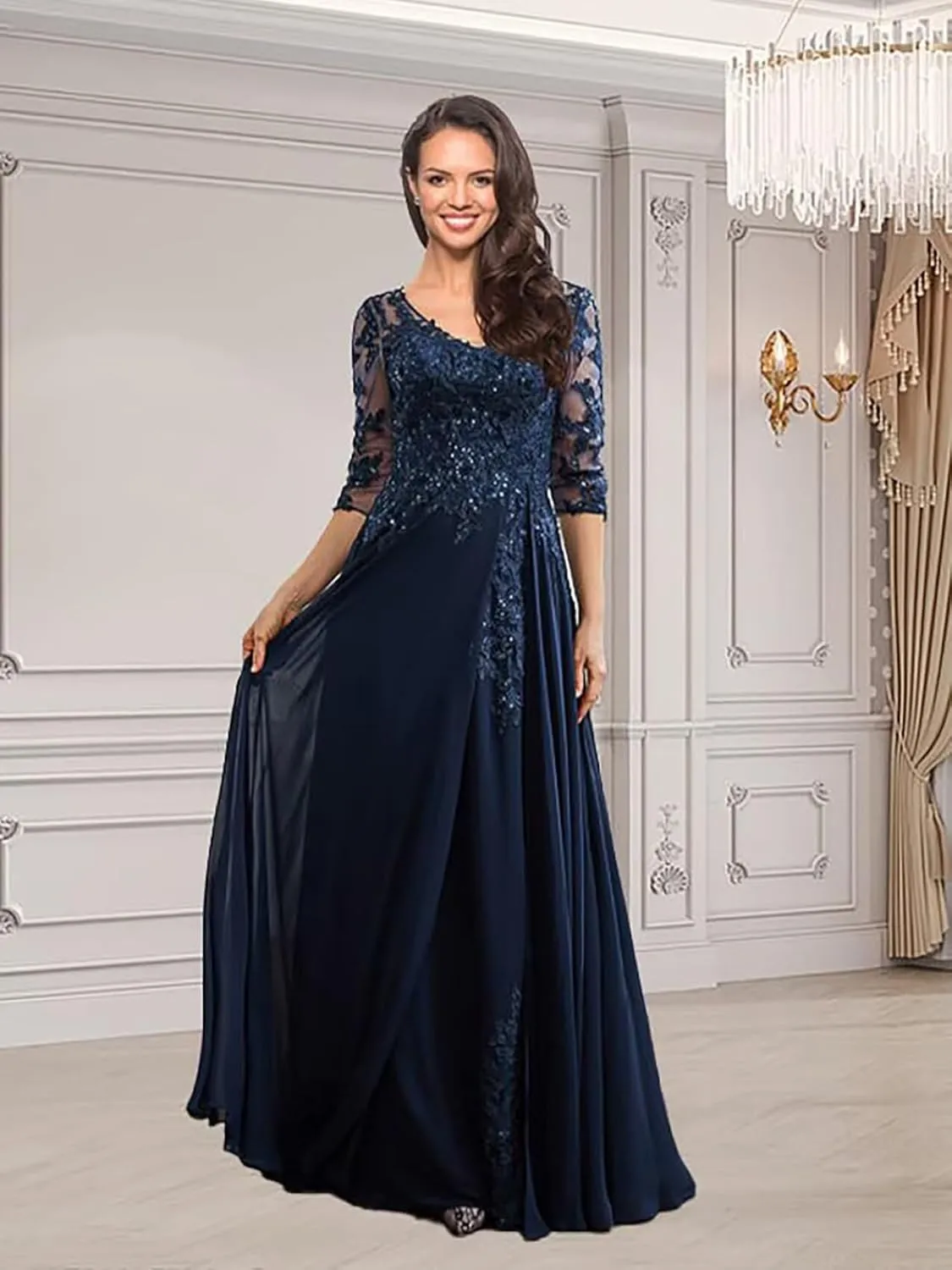 Mother of The Bride Dresses for Wedding with Sleeve Formal Dress Lace Appliques Chiffon LW041