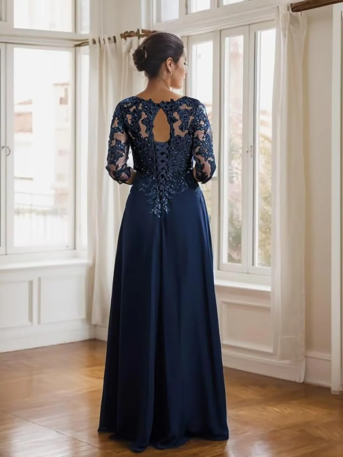 Mother of The Bride Dresses for Wedding with Sleeve Formal Dress Lace Appliques Chiffon LW041