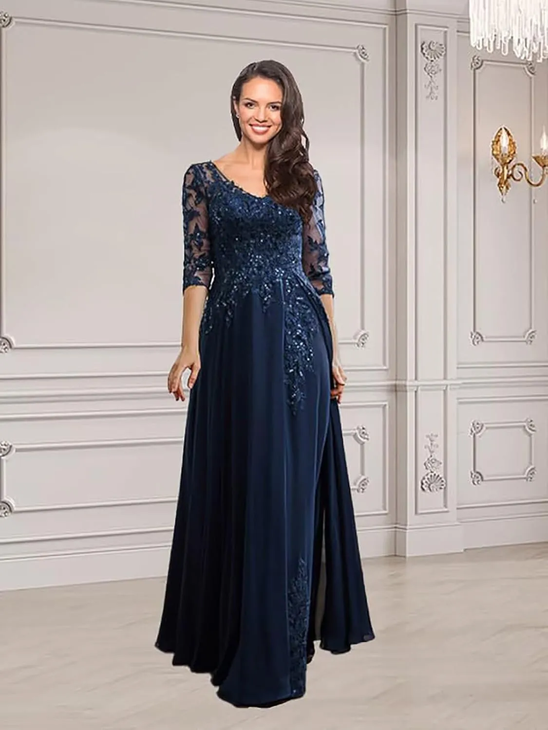 Mother of The Bride Dresses for Wedding with Sleeve Formal Dress Lace Appliques Chiffon LW041