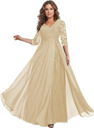 Mother of The Bride Dresses for Wedding with Sleeve Formal Dress Lace Appliques Chiffon LW041