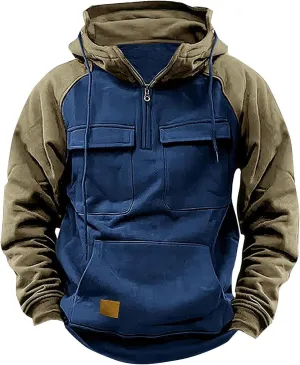 Muscularfit Mens Big and Tall Hoodies Casual Long Sleeve Multi Pockets Cargo Quarter Zip Pullover Sweatshirt Drawstring Shirt