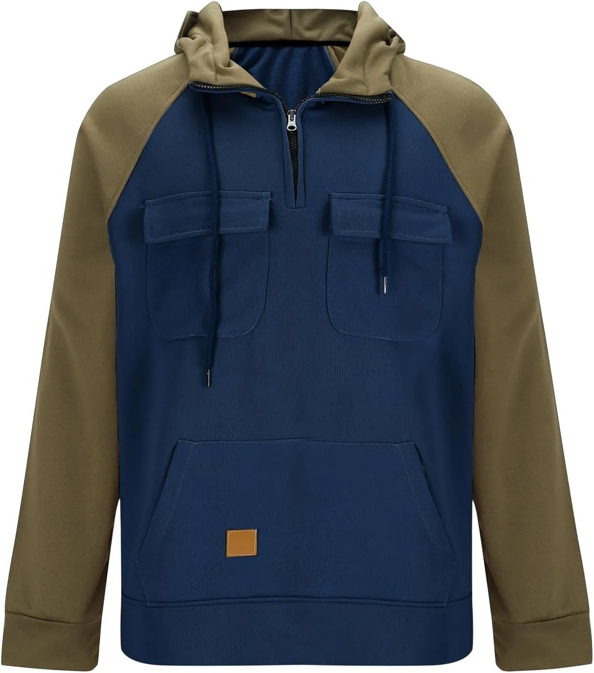 Muscularfit Mens Big and Tall Hoodies Casual Long Sleeve Multi Pockets Cargo Quarter Zip Pullover Sweatshirt Drawstring Shirt