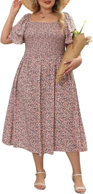 Nemidor Plus Size Summer Print Midi Boho Dress for Curvy Women Casual Smocked Floral Long Beach Dresses with Pocket 16-26