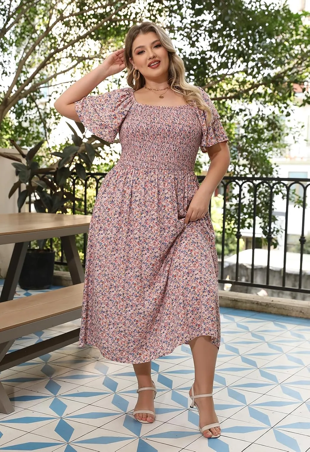 Nemidor Plus Size Summer Print Midi Boho Dress for Curvy Women Casual Smocked Floral Long Beach Dresses with Pocket 16-26
