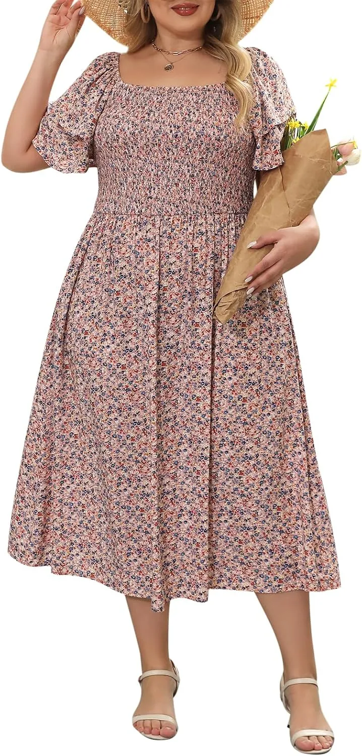 Nemidor Plus Size Summer Print Midi Boho Dress for Curvy Women Casual Smocked Floral Long Beach Dresses with Pocket 16-26