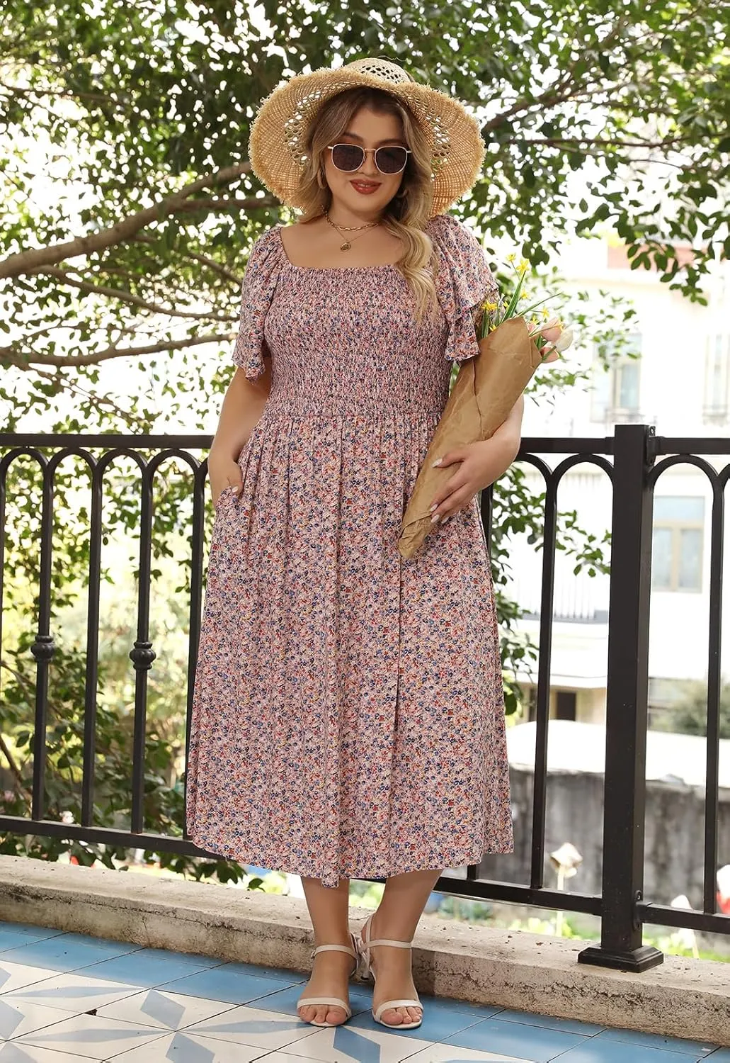 Nemidor Plus Size Summer Print Midi Boho Dress for Curvy Women Casual Smocked Floral Long Beach Dresses with Pocket 16-26
