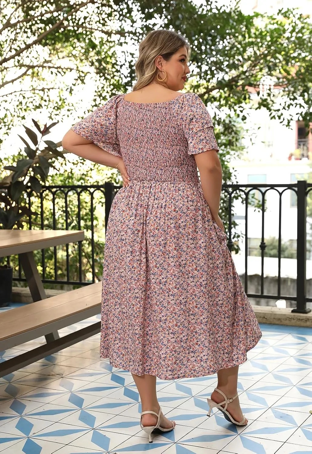 Nemidor Plus Size Summer Print Midi Boho Dress for Curvy Women Casual Smocked Floral Long Beach Dresses with Pocket 16-26