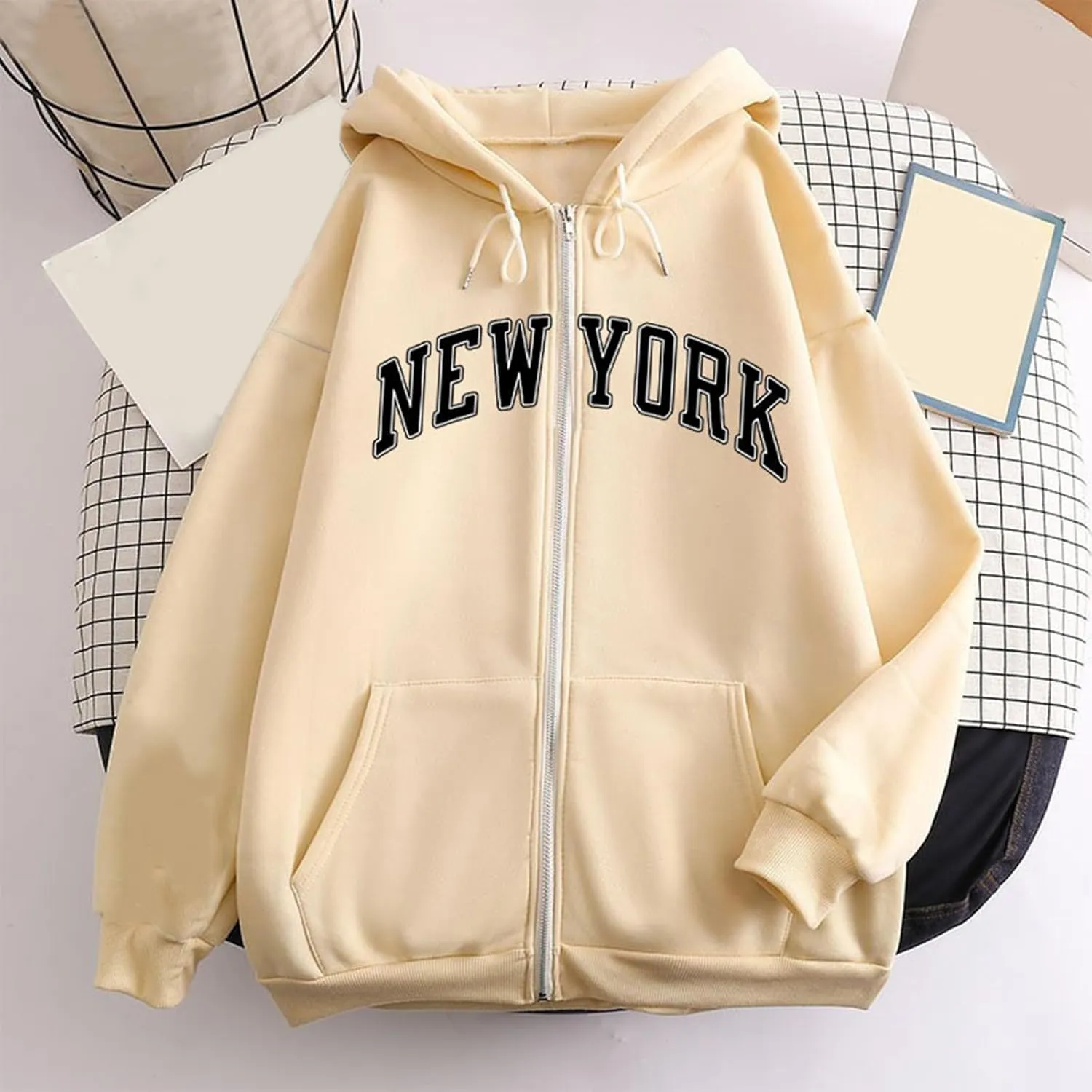 NEW YORK Letter Graphic Hoodies Sweatshirts for Women Zip Up Fall Drawstring Hoodie Jackets Y2K Clothes With Pockets