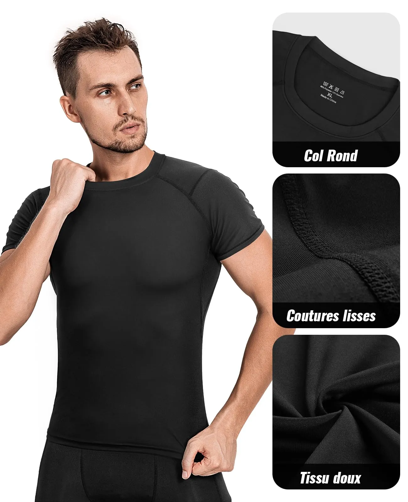Niksa 3 Pack Tee Shirt Compression Homme Manches Courtes Tshirt Running Homme Vetement de Fitness Gym Compression Maillot T-Shirt Baselayer pour Sports Jogging Musculation Gym