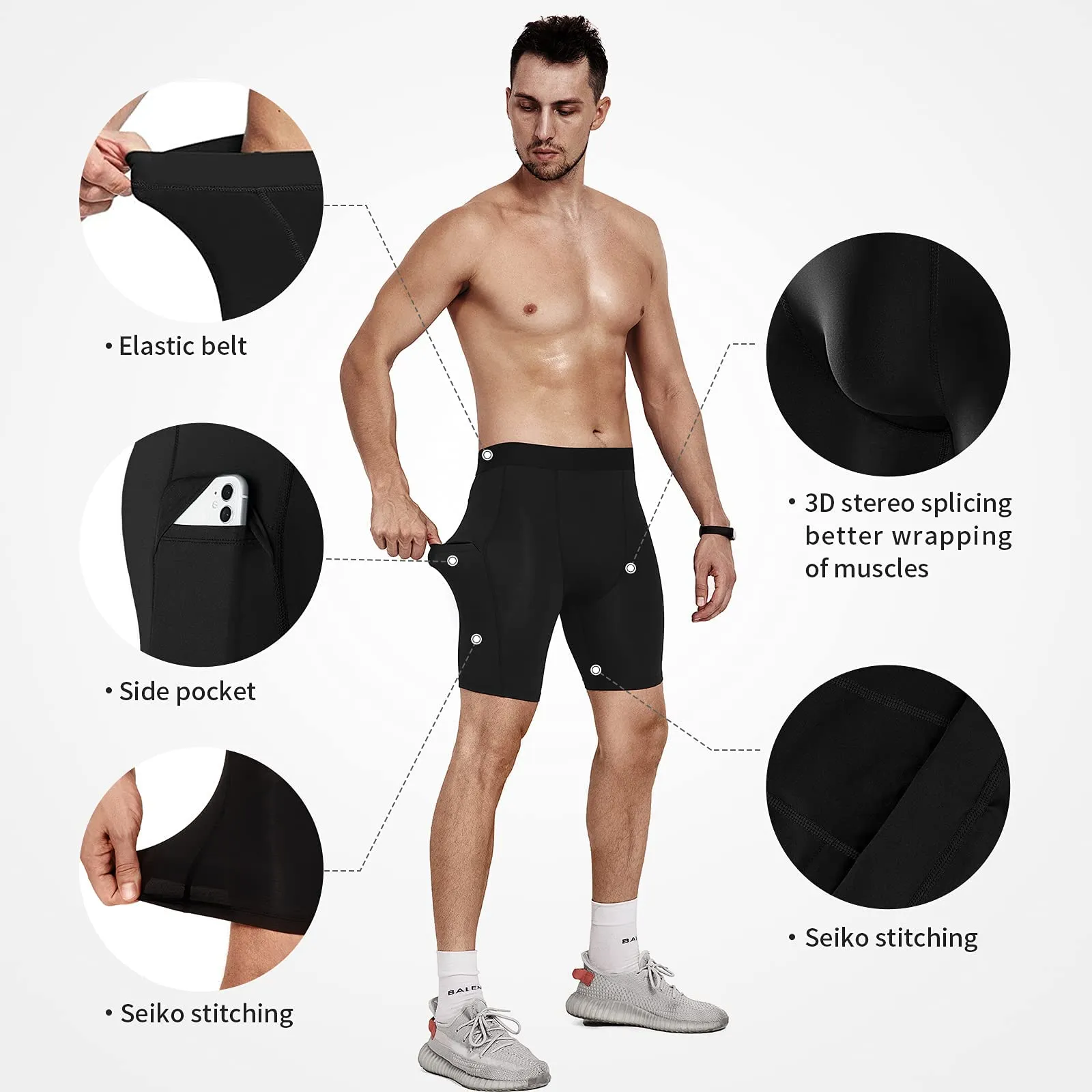 Niksa Lot de 3 Shorts de Compression pour Hommes Short de Compression  Schage Rapide et Respirant Short de Sport Ajust avec Poches pour Tlphone Portable Short de Course Basique pour Le Cyclisme