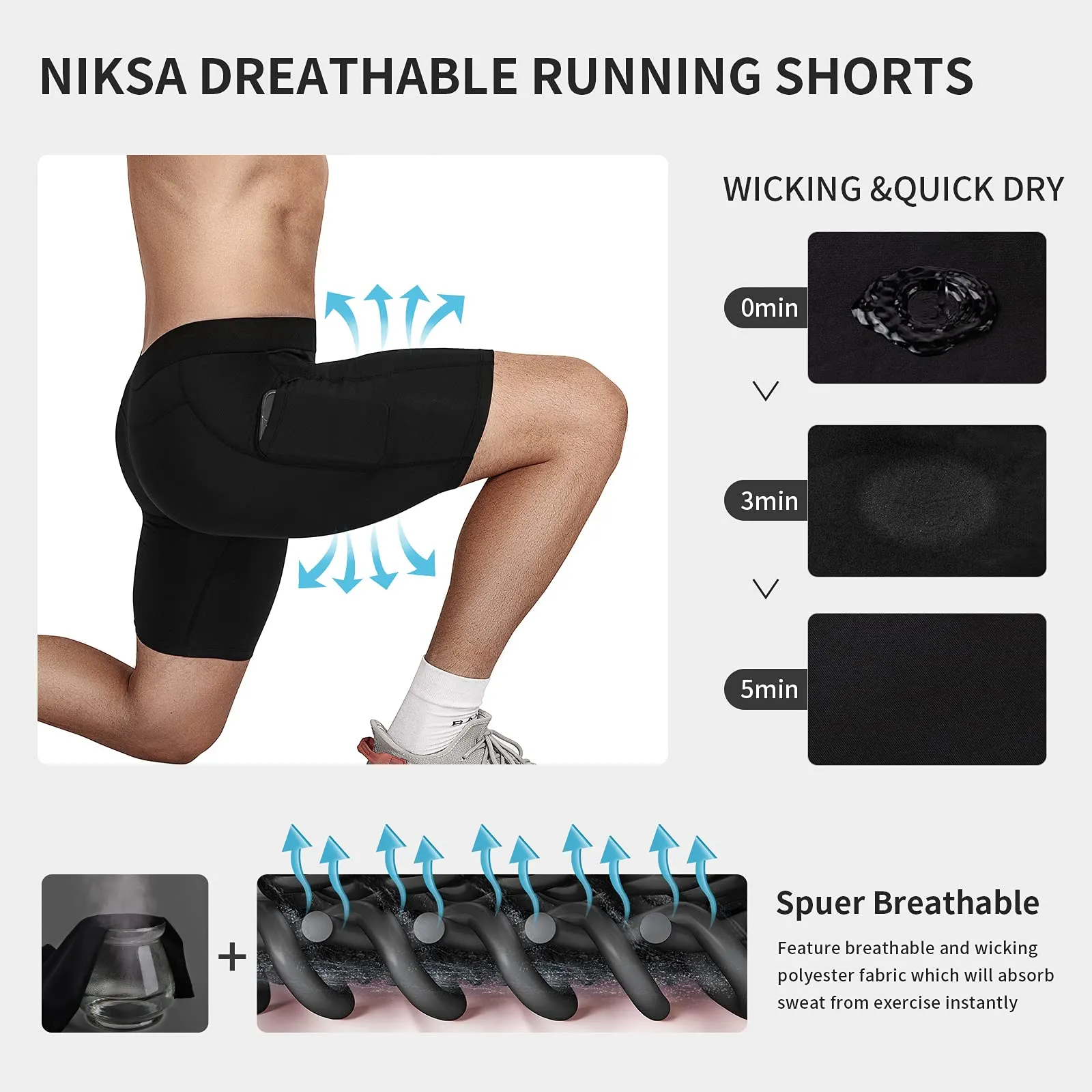 Niksa Lot de 3 Shorts de Compression pour Hommes Short de Compression  Schage Rapide et Respirant Short de Sport Ajust avec Poches pour Tlphone Portable Short de Course Basique pour Le Cyclisme