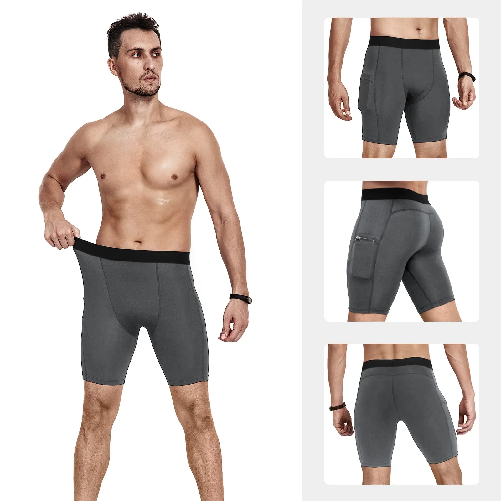 Niksa Lot de 3 Shorts de Compression pour Hommes Short de Compression  Schage Rapide et Respirant Short de Sport Ajust avec Poches pour Tlphone Portable Short de Course Basique pour Le Cyclisme