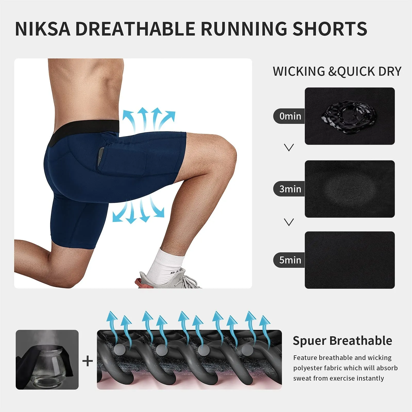 Niksa Lot de 3 Shorts de Compression pour Hommes Short de Compression  Schage Rapide et Respirant Short de Sport Ajust avec Poches pour Tlphone Portable Short de Course Basique pour Le Cyclisme