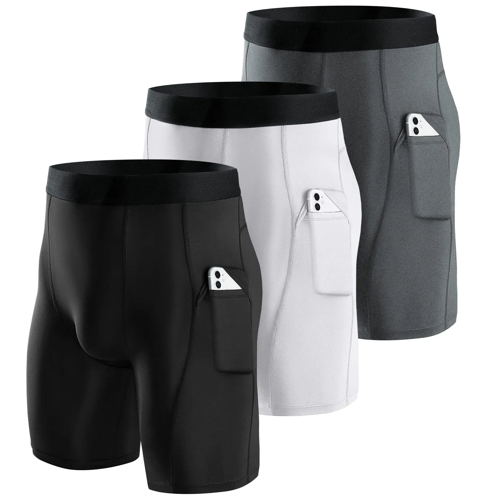 Niksa Lot de 3 Shorts de Compression pour Hommes Short de Compression  Schage Rapide et Respirant Short de Sport Ajust avec Poches pour Tlphone Portable Short de Course Basique pour Le Cyclisme