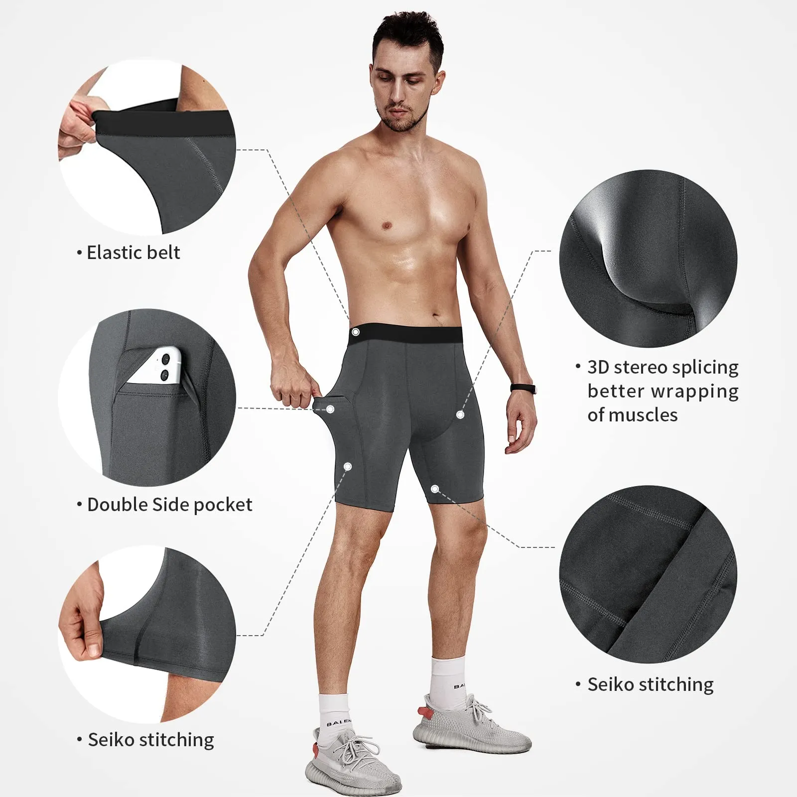 Niksa Lot de 3 Shorts de Compression pour Hommes Short de Compression  Schage Rapide et Respirant Short de Sport Ajust avec Poches pour Tlphone Portable Short de Course Basique pour Le Cyclisme