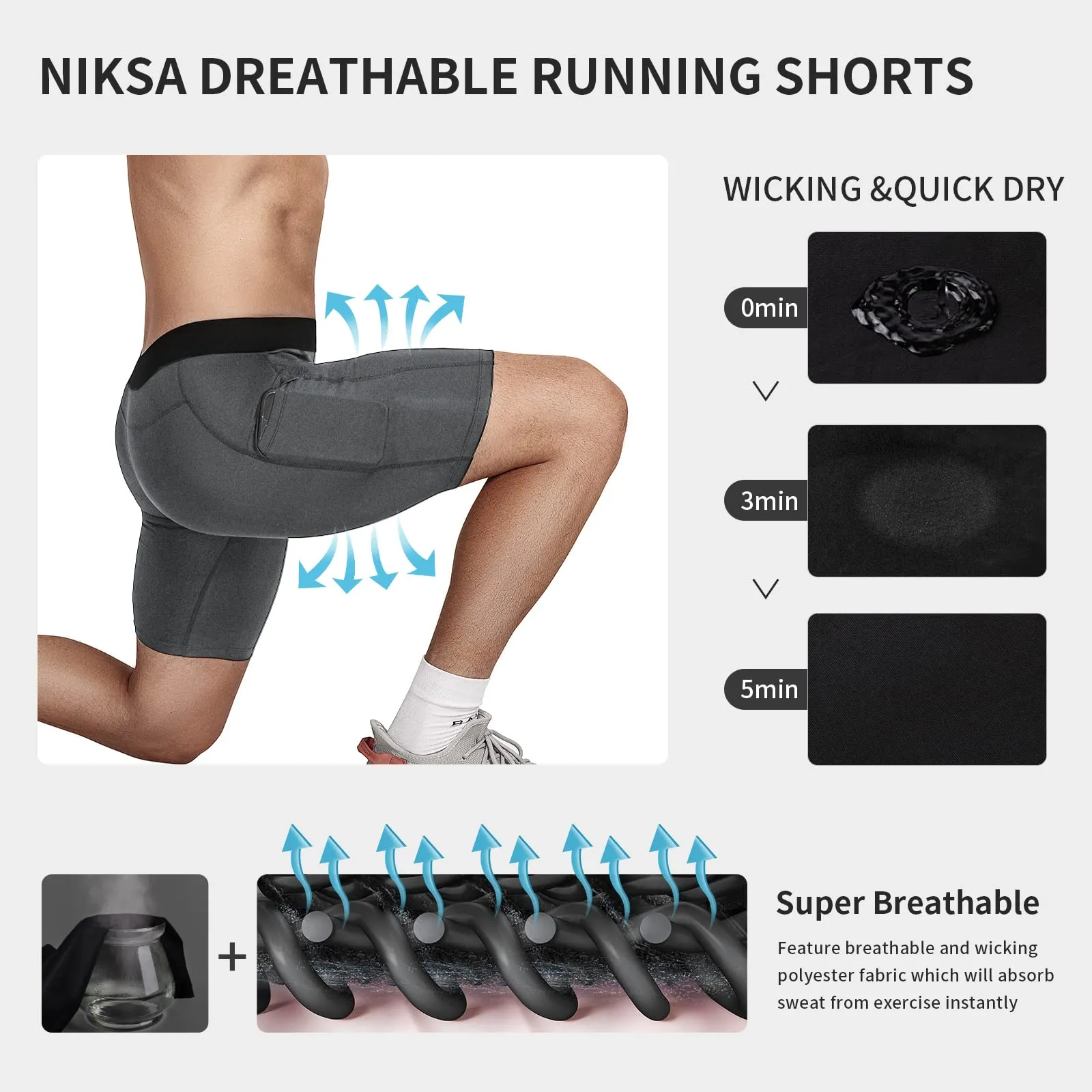 Niksa Lot de 3 Shorts de Compression pour Hommes Short de Compression  Schage Rapide et Respirant Short de Sport Ajust avec Poches pour Tlphone Portable Short de Course Basique pour Le Cyclisme