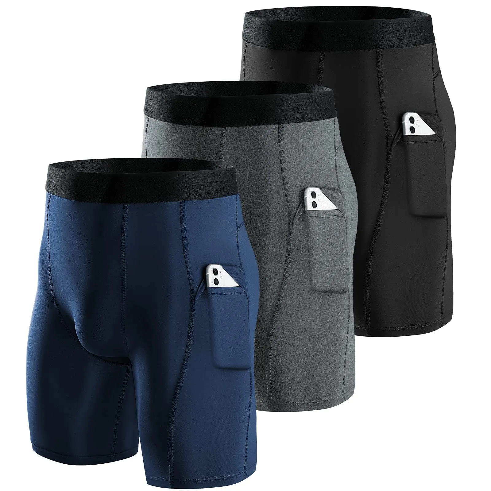 Niksa Lot de 3 Shorts de Compression pour Hommes Short de Compression  Schage Rapide et Respirant Short de Sport Ajust avec Poches pour Tlphone Portable Short de Course Basique pour Le Cyclisme