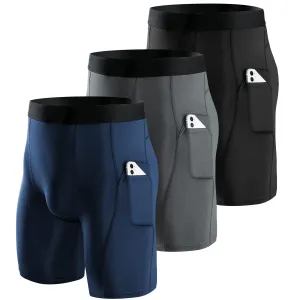 Niksa Lot de 3 Shorts de Compression pour Hommes Short de Compression  Schage Rapide et Respirant Short de Sport Ajust avec Poches pour Tlphone Portable Short de Course Basique pour Le Cyclisme