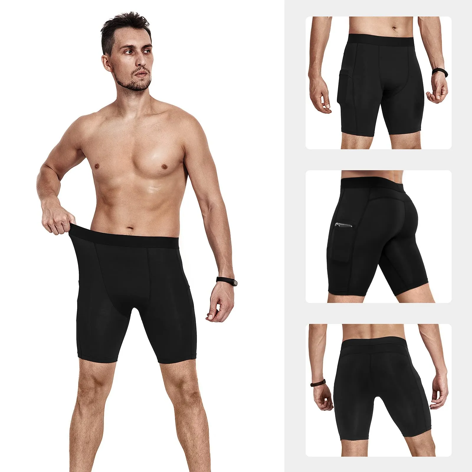 Niksa Lot de 3 Shorts de Compression pour Hommes Short de Compression  Schage Rapide et Respirant Short de Sport Ajust avec Poches pour Tlphone Portable Short de Course Basique pour Le Cyclisme