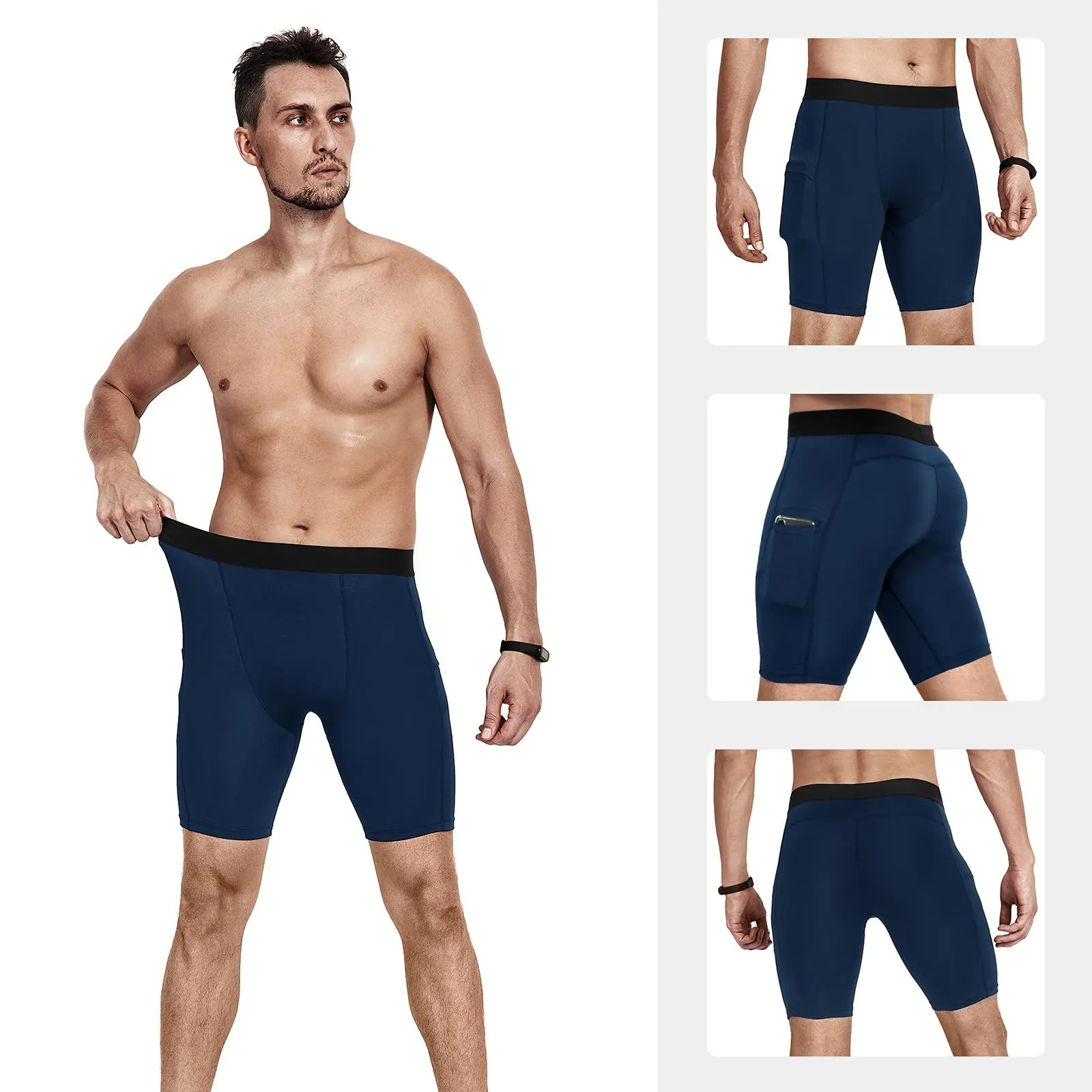 Niksa Lot de 3 Shorts de Compression pour Hommes Short de Compression  Schage Rapide et Respirant Short de Sport Ajust avec Poches pour Tlphone Portable Short de Course Basique pour Le Cyclisme