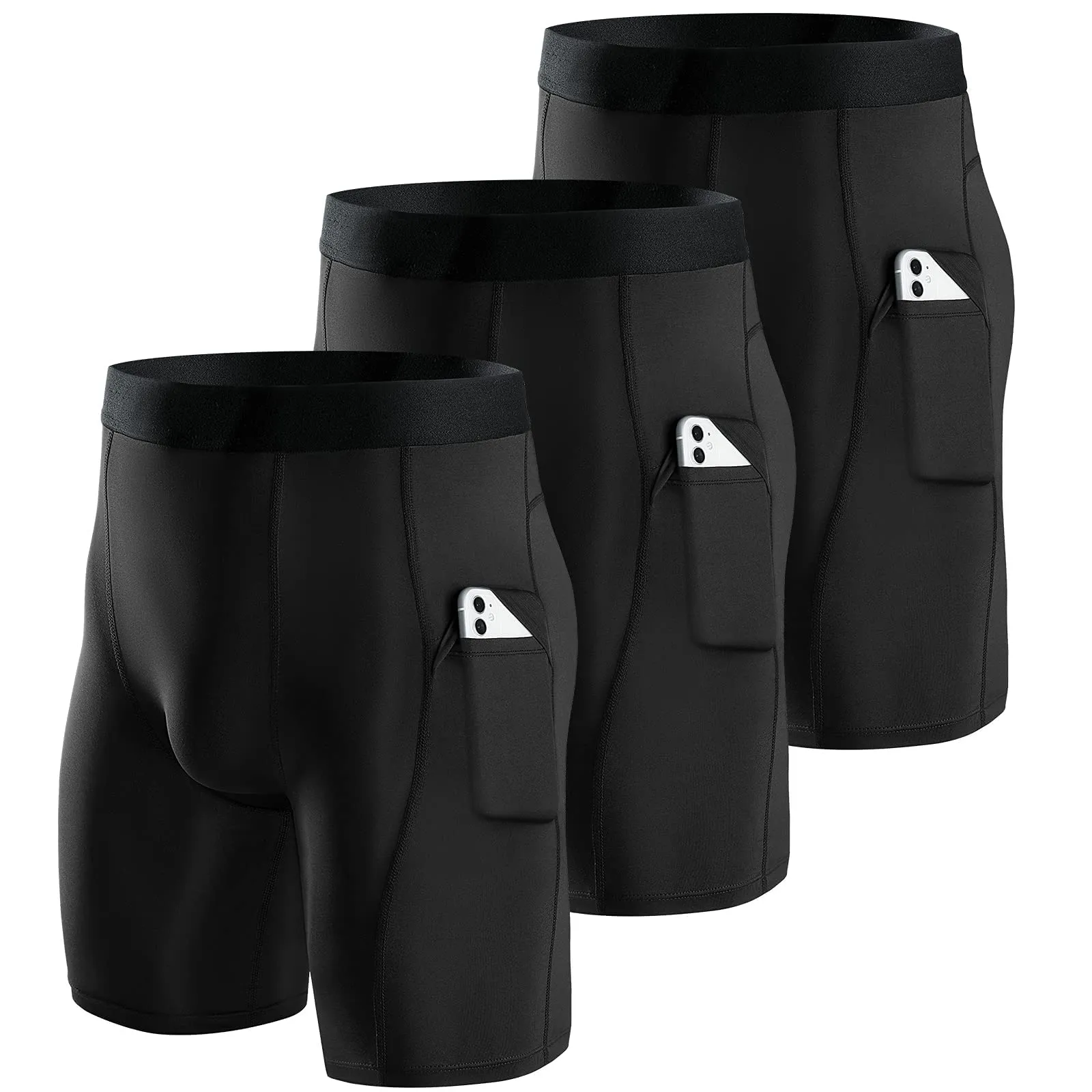 Niksa Lot de 3 Shorts de Compression pour Hommes Short de Compression  Schage Rapide et Respirant Short de Sport Ajust avec Poches pour Tlphone Portable Short de Course Basique pour Le Cyclisme