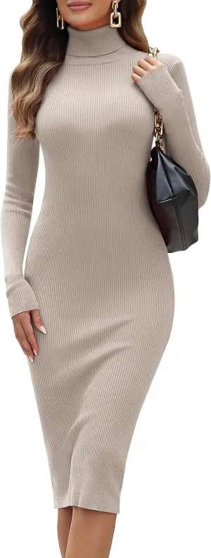 ninovino Women's Turtleneck Ribbed Knit Long Sleeve Slim Fit Sweater Dress