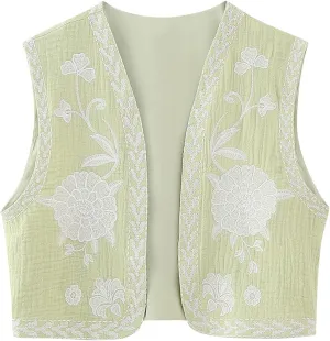 NUFIWI Women Vintage Embroidered Floral Vest Top Y2k Sleeveless Open Front Crop Vest Boho Floral Waistcoat Jacket