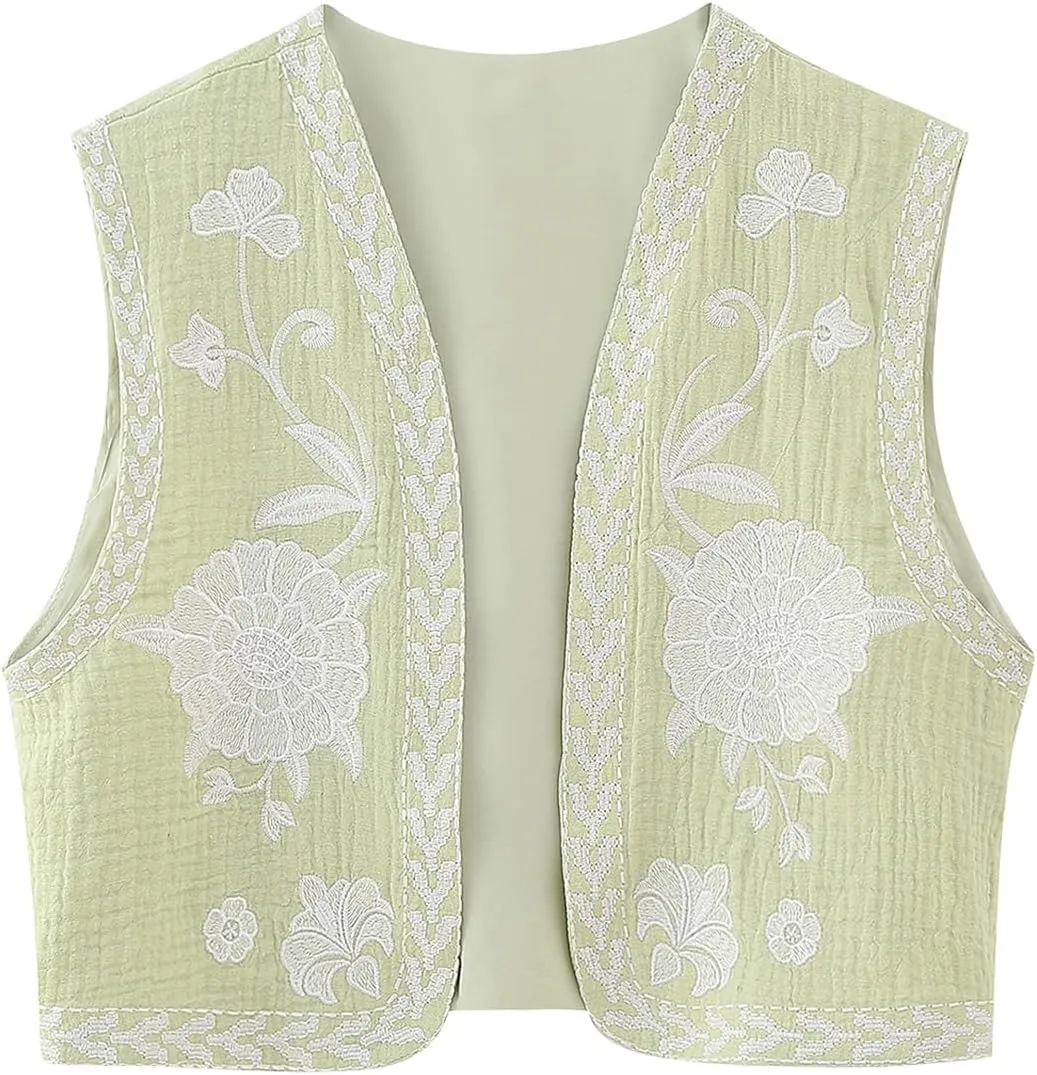 NUFIWI Women Vintage Embroidered Floral Vest Top Y2k Sleeveless Open Front Crop Vest Boho Floral Waistcoat Jacket